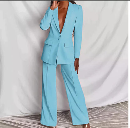 Elegant blazer set for women with plunging V-neck and wide-leg pants Chic and Style