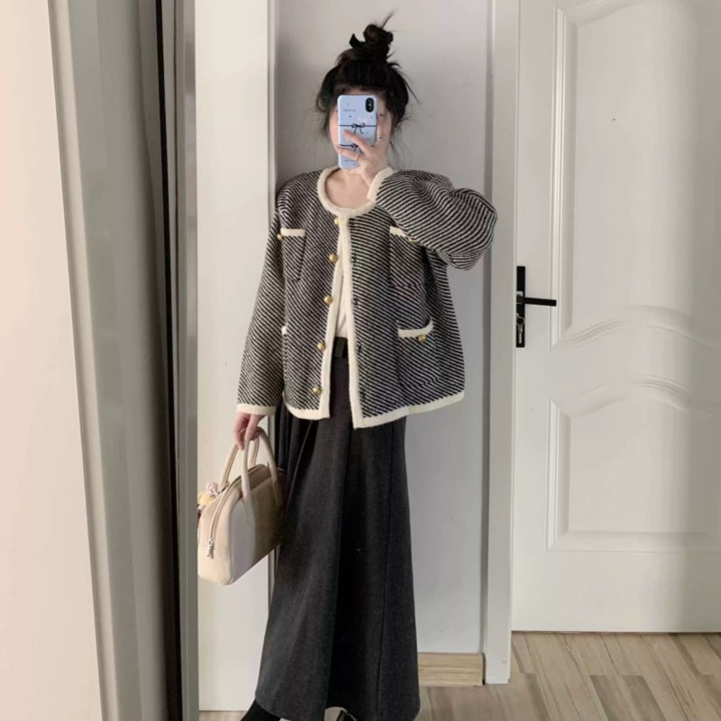 Dames élégant cardigan en design classique pied-de-poule avec boutons dorés Chic und Stil