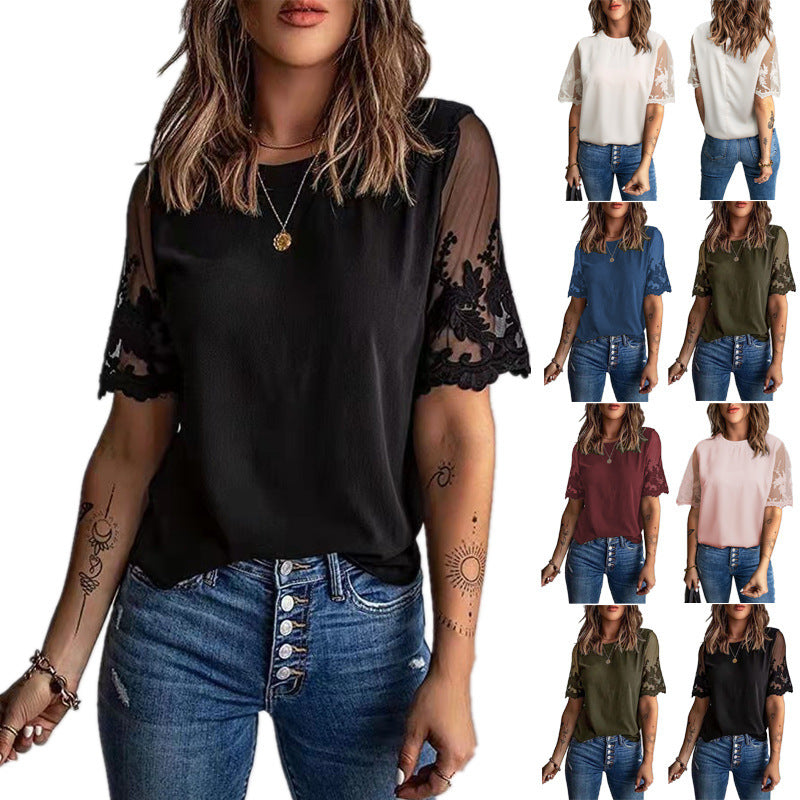 Dames élégant T-shirt avec dentelle aux manches Chic und Stil