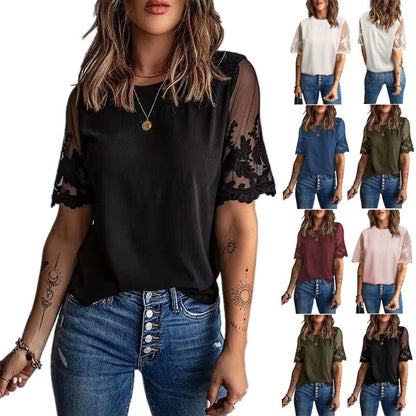 Dames élégant T-shirt avec dentelle aux manches Chic und Stil