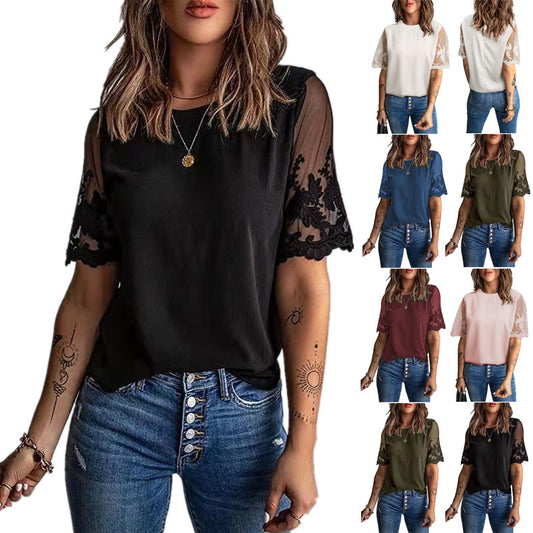 Dames élégant T-shirt avec dentelle aux manches Chic und Stil