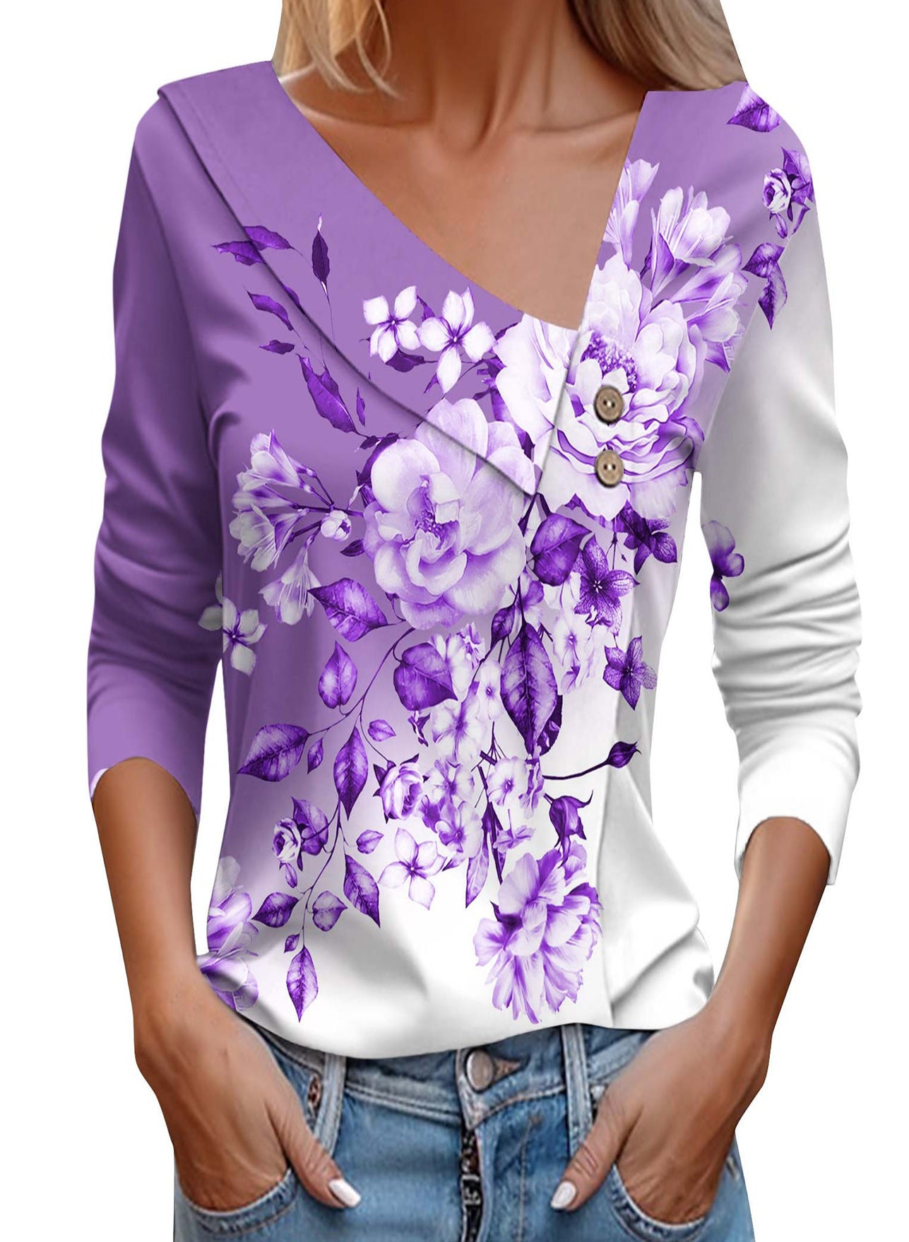 Chemisier dames avec application florale et détails de boutons modernes Chic und Stil