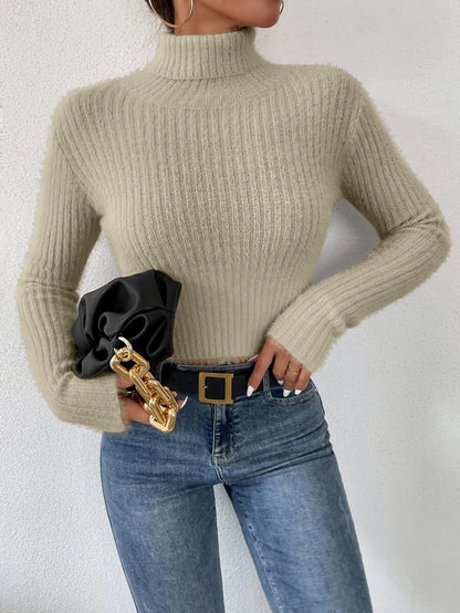 Dames pull fin en tricot avec col montant et design à côtes moderne Chic und Stil