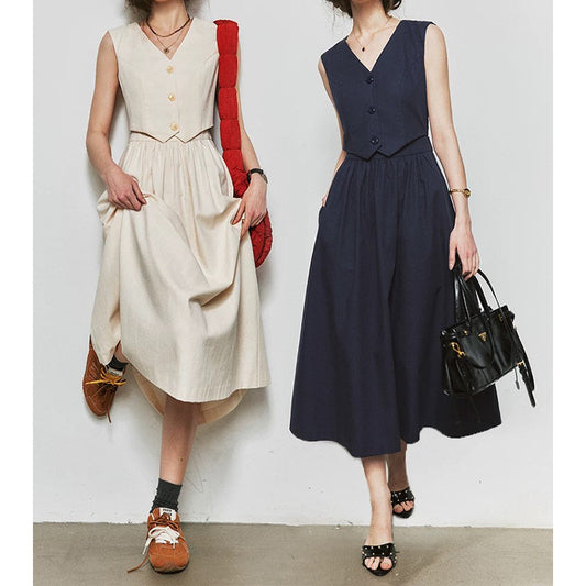 Robe maxi sans manches élégante pour femme avec gilet boutonné Chic und Stil