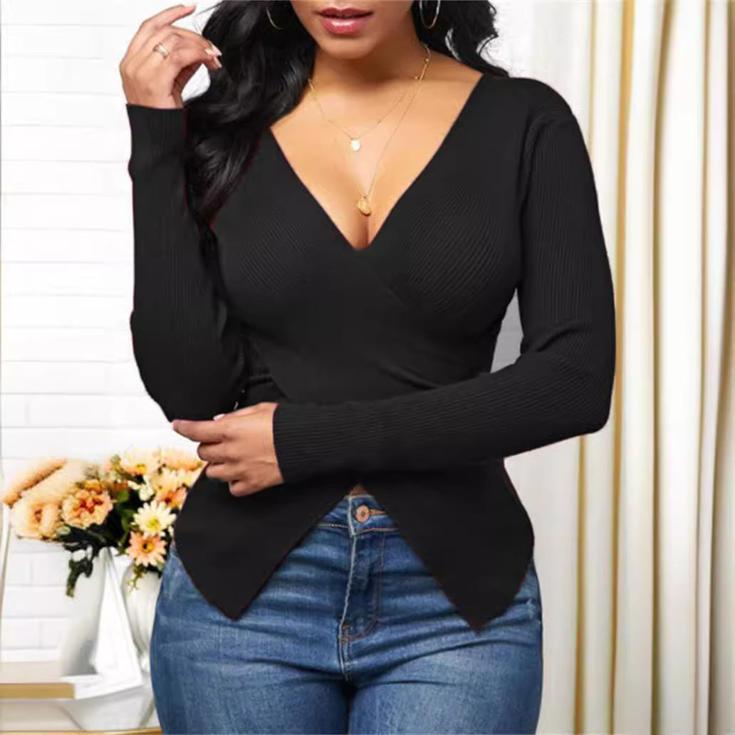 Dames élégant haut enroulé en tissu côtelé texturé et décolleté en V profond Chic und Stil