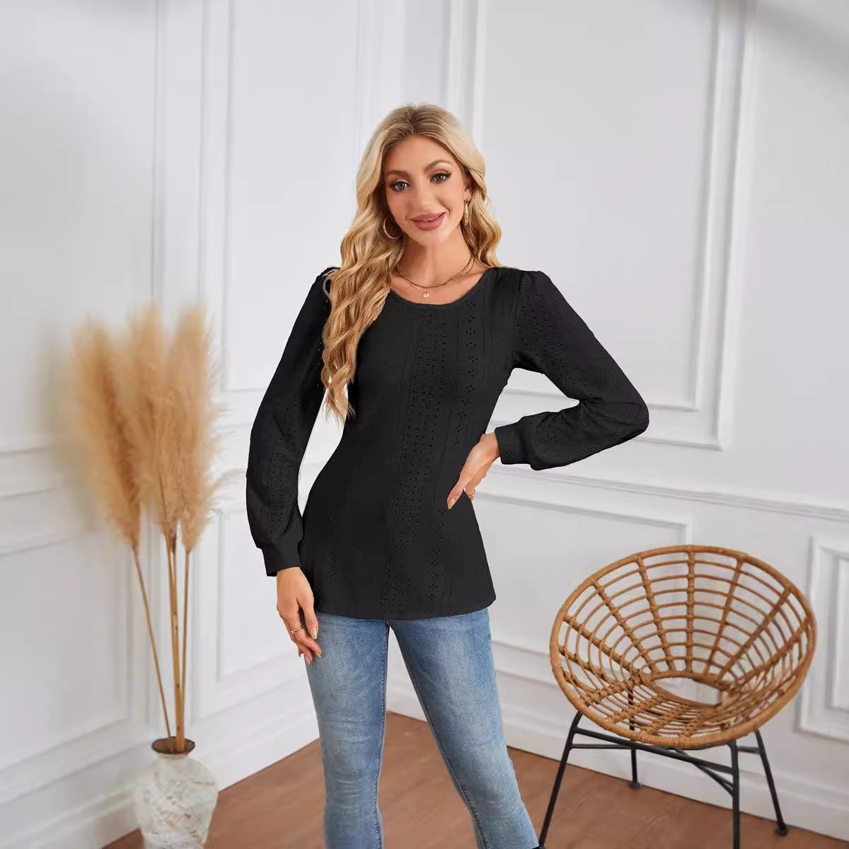 Chemisier femme avec des motifs aérés en losanges et des manches bouffantes élégantes Chic und Stil