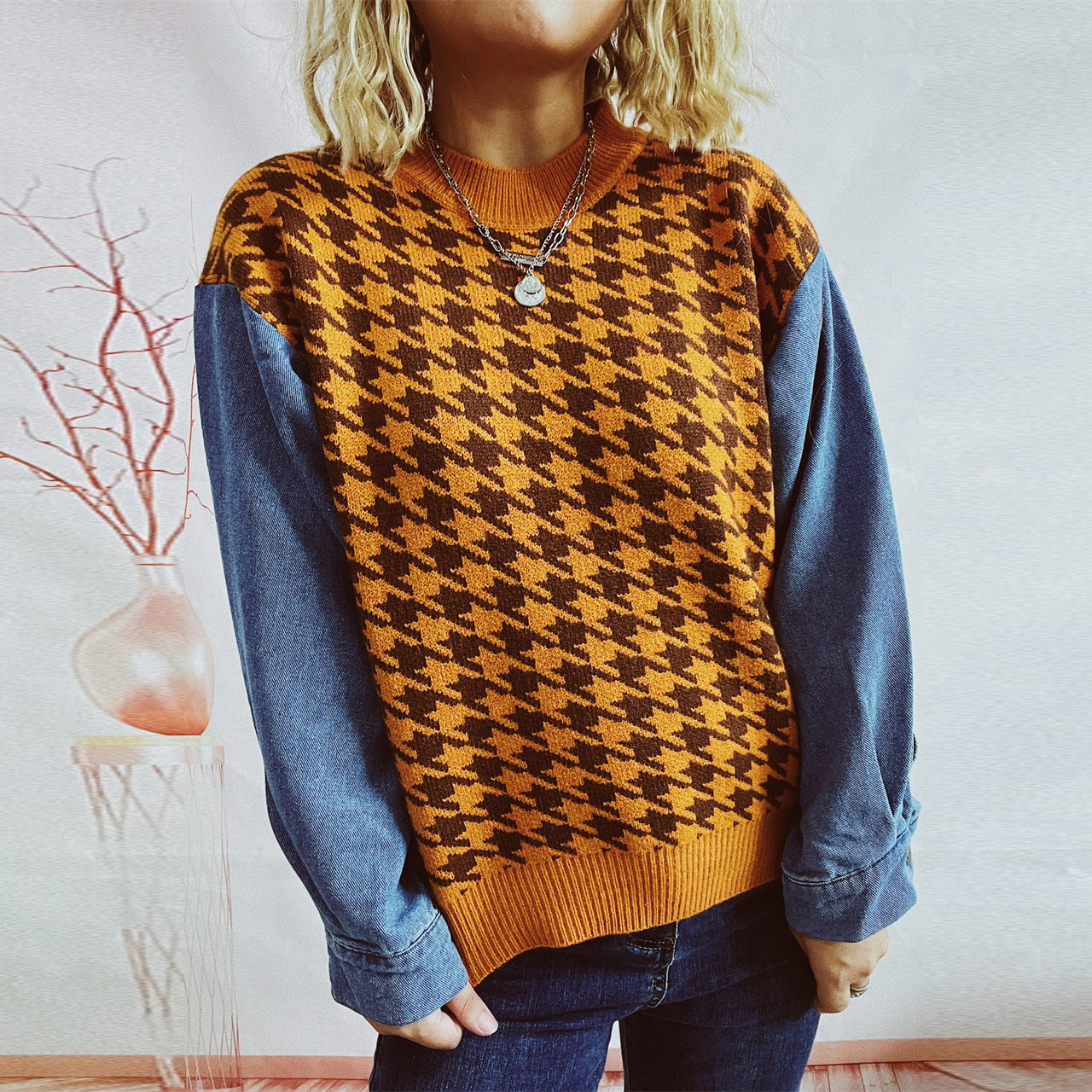 Pull en tricot pour femmes au motif pied-de-poule moderne avec des manches en denim décontractées Chic und Stil
