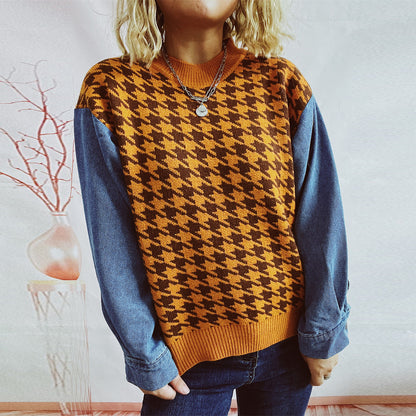 Pull en tricot pour femmes au motif pied-de-poule moderne avec des manches en denim décontractées Chic und Stil