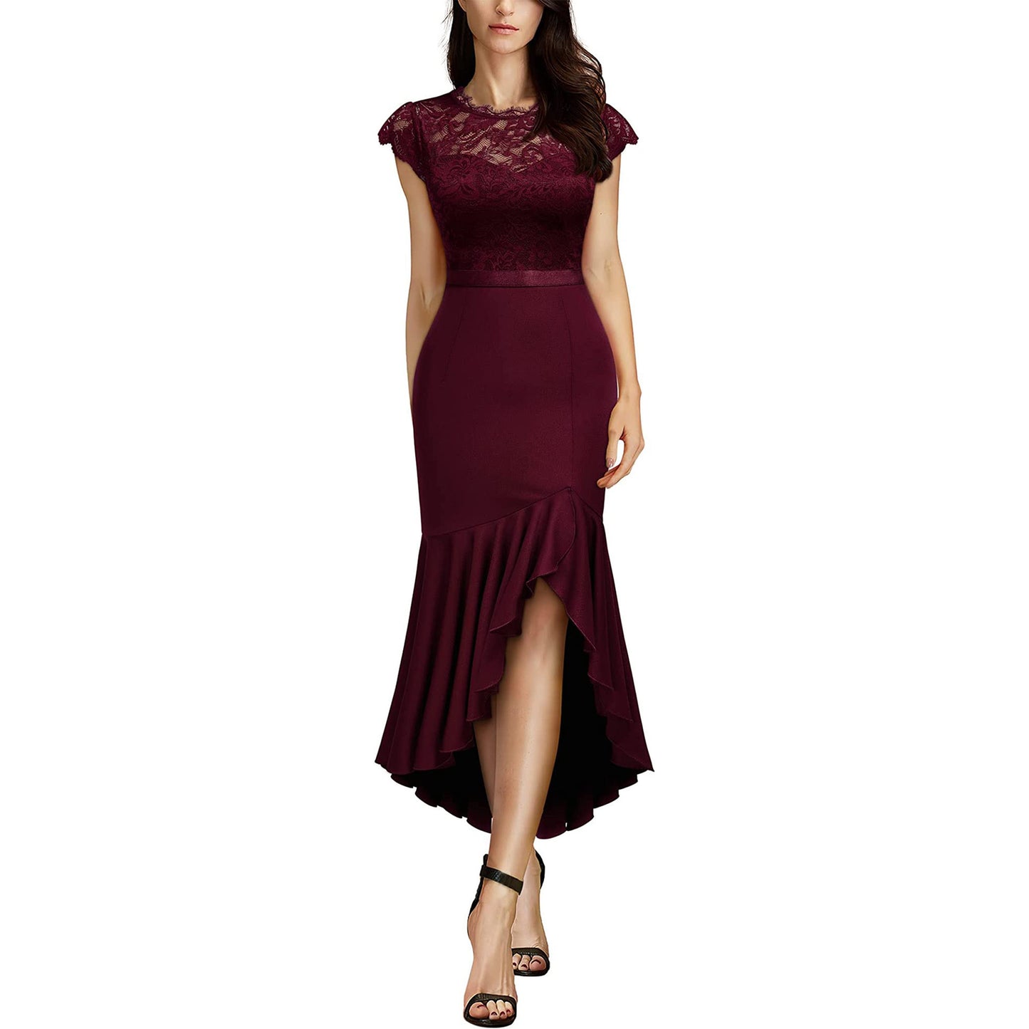 Dames Élégant Robe en Dentelle Ajusté et Évasé Chic und Stil