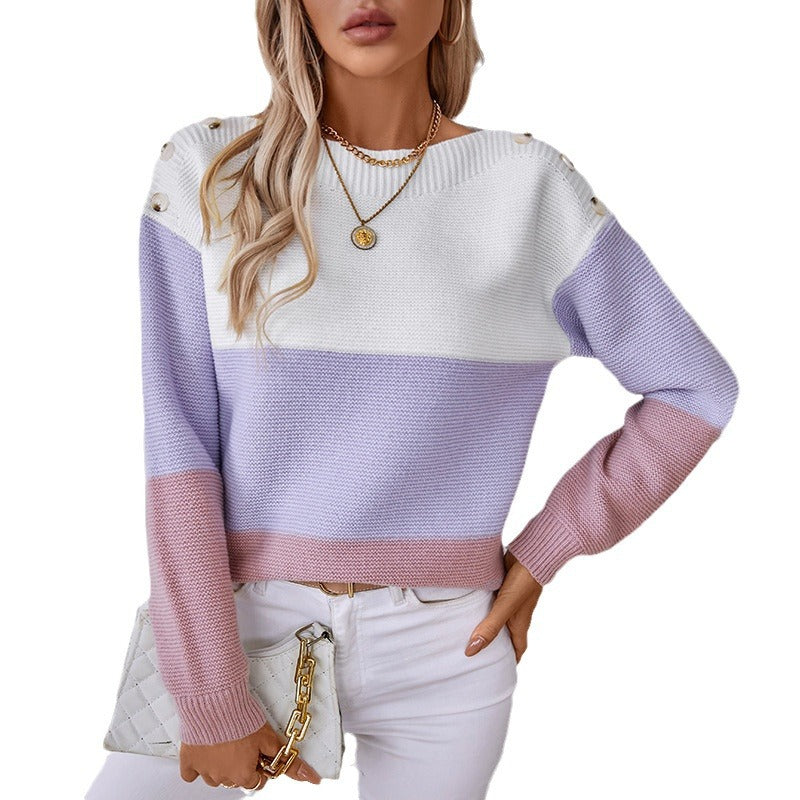 Pull en tricot à la mode pour femmes avec des détails de bouton décoratifs et des rayures block.