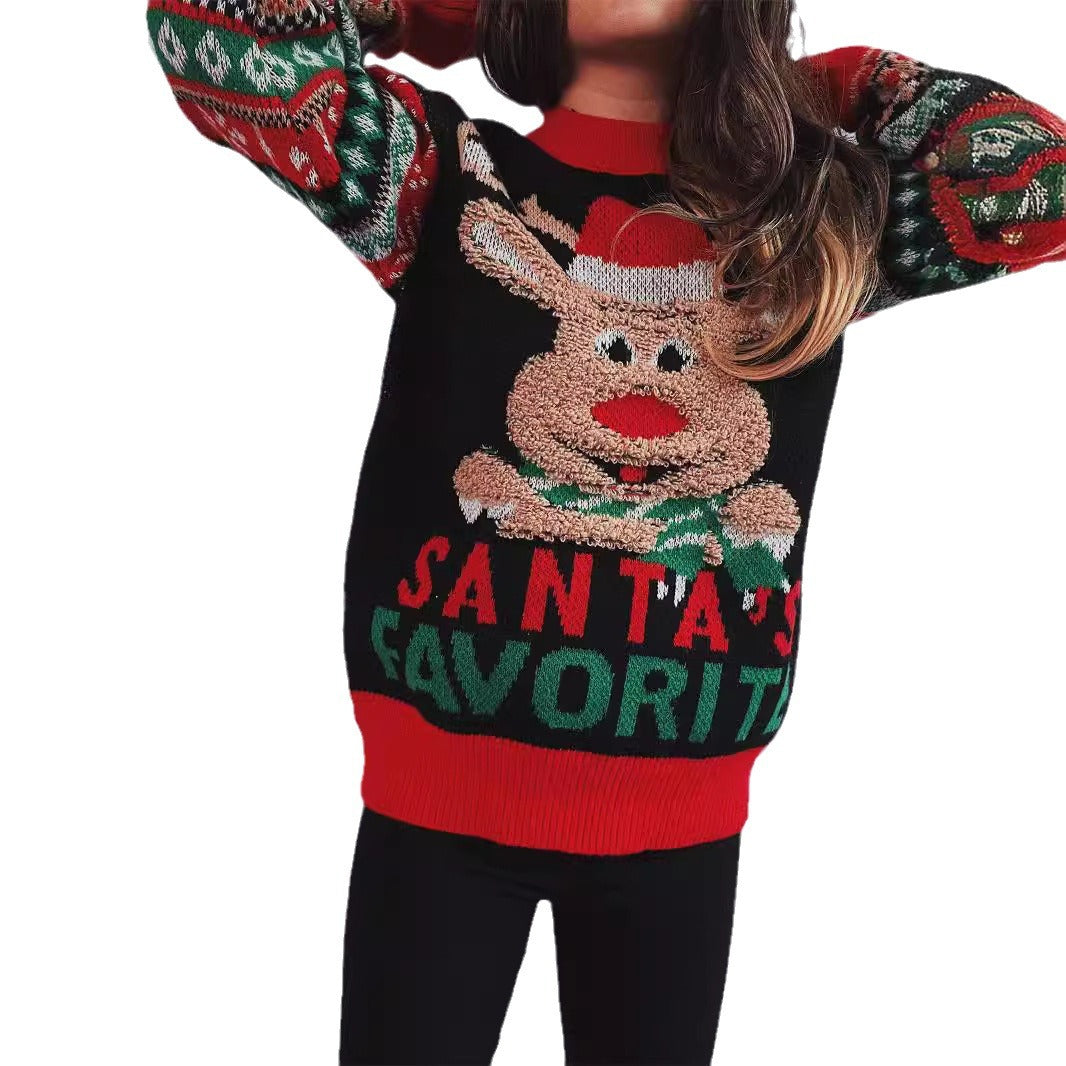 Pull en Noël pour femmes avec motif de renne festif et détails en tricot colorés Chic und Stil