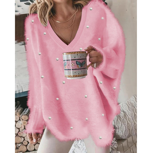 Pull femme oversize à col en V avec perles Chic und Stil