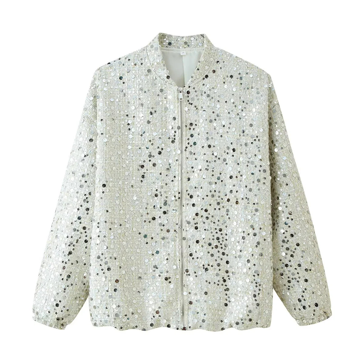 Ladies Sparkling Jacket with Round Collar and Hidden Zipper Chic and Style