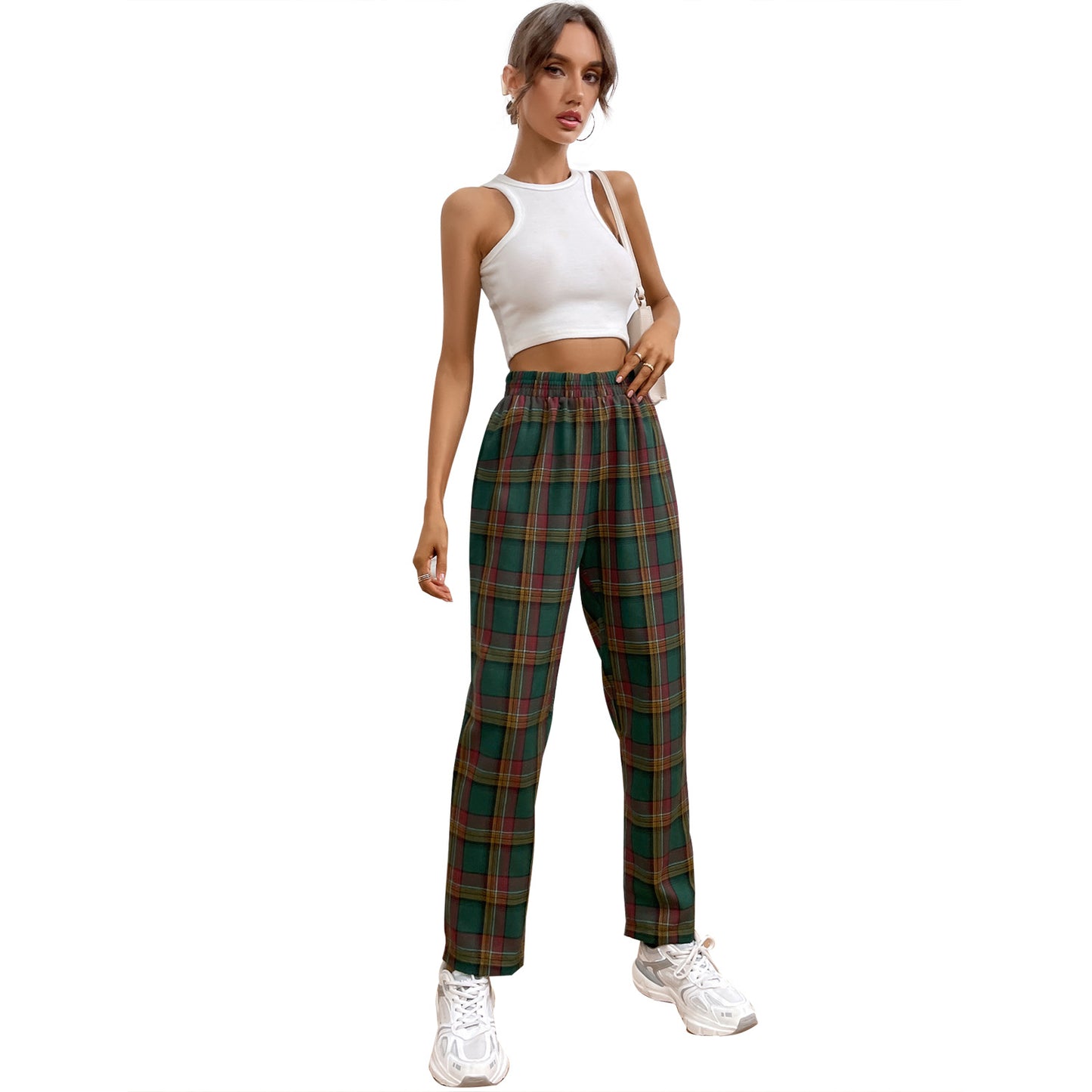 Pantalon à carreaux tendance pour femmes avec taille élastique Chic und Stil