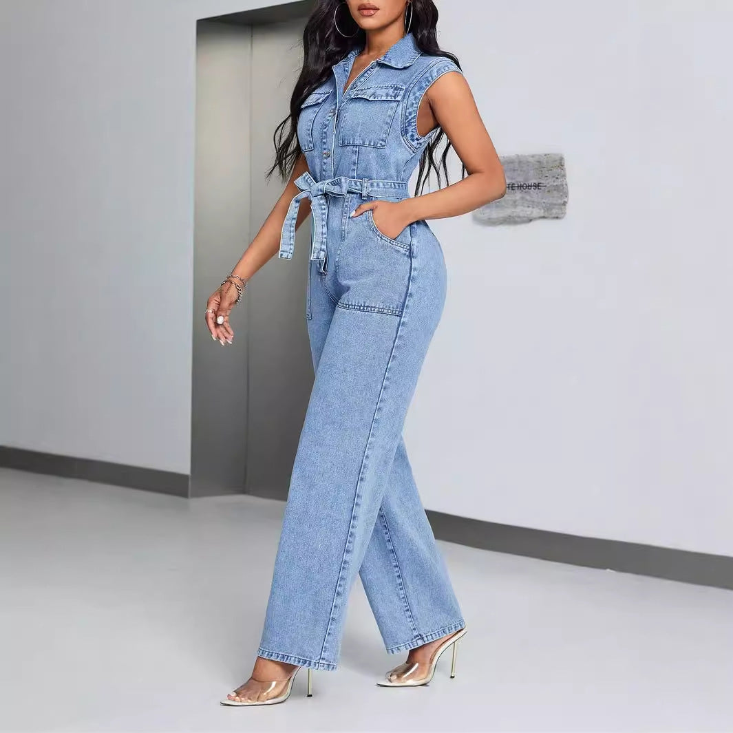 Combinaison en jean tendance pour femmes avec poches appliquées et lien à la taille Chic und Stil