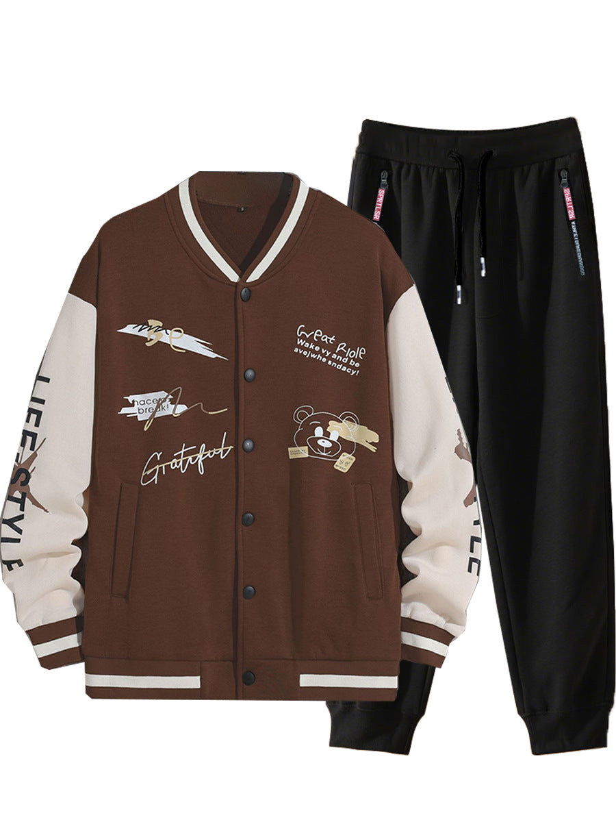 Men's College Style Sports Jacket Set and Jogging Pants with Colorful Patterns Chic and Style