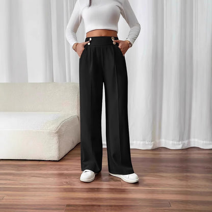 High-waisted palazzo pants for women with side pockets and decorative button details Chic and Style