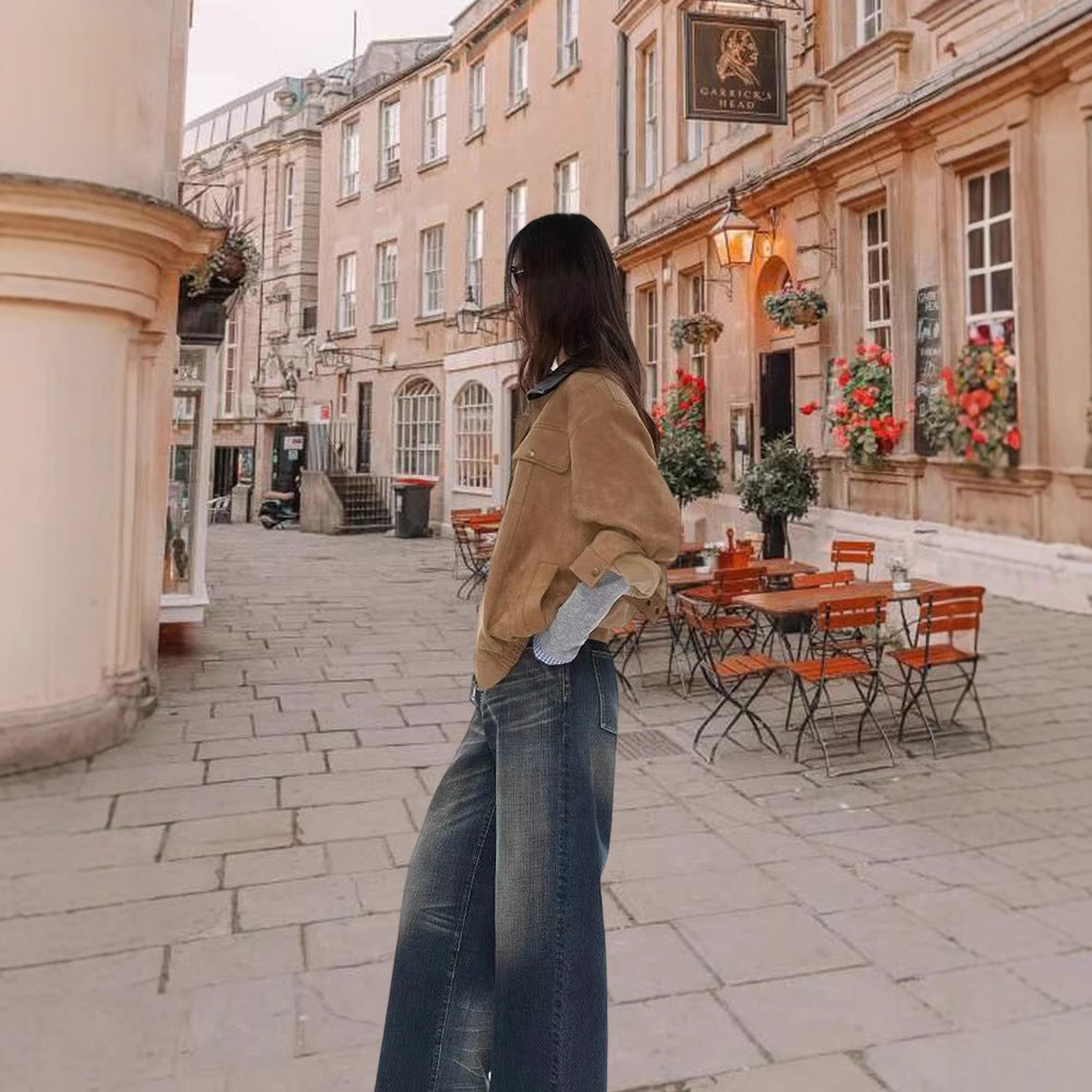 Ladies luxurious suede jacket with modern high collar Chic and Style