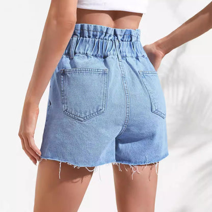Shorts en jean taille haute pour femmes avec détails de boutons et finitions effilochées Chic und Stil