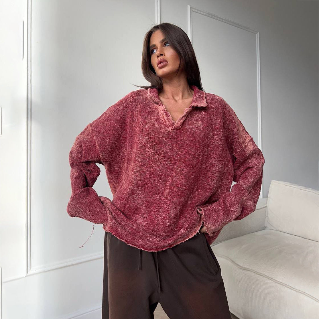 Pull oversized décontracté pour femmes avec ourlet à volants et décolleté en V Chic und Stil
