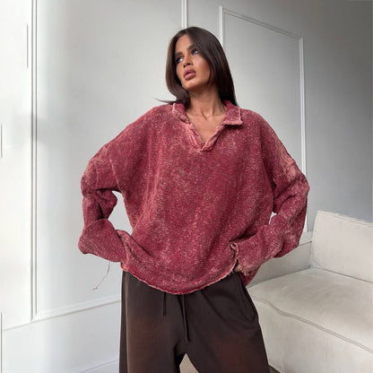 Pull oversized décontracté pour femmes avec ourlet à volants et décolleté en V Chic und Stil