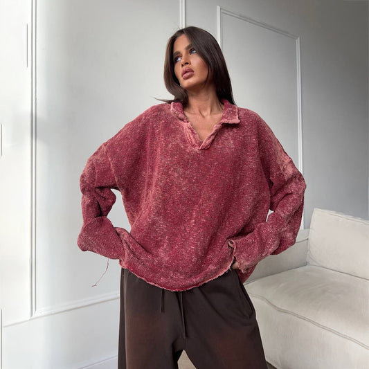 Pull oversized décontracté pour femmes avec ourlet à volants et décolleté en V Chic und Stil