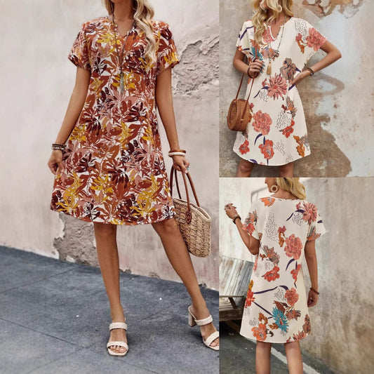 Robe midi pour femmes avec motif floral et décolleté en V moderne Chic und Stil