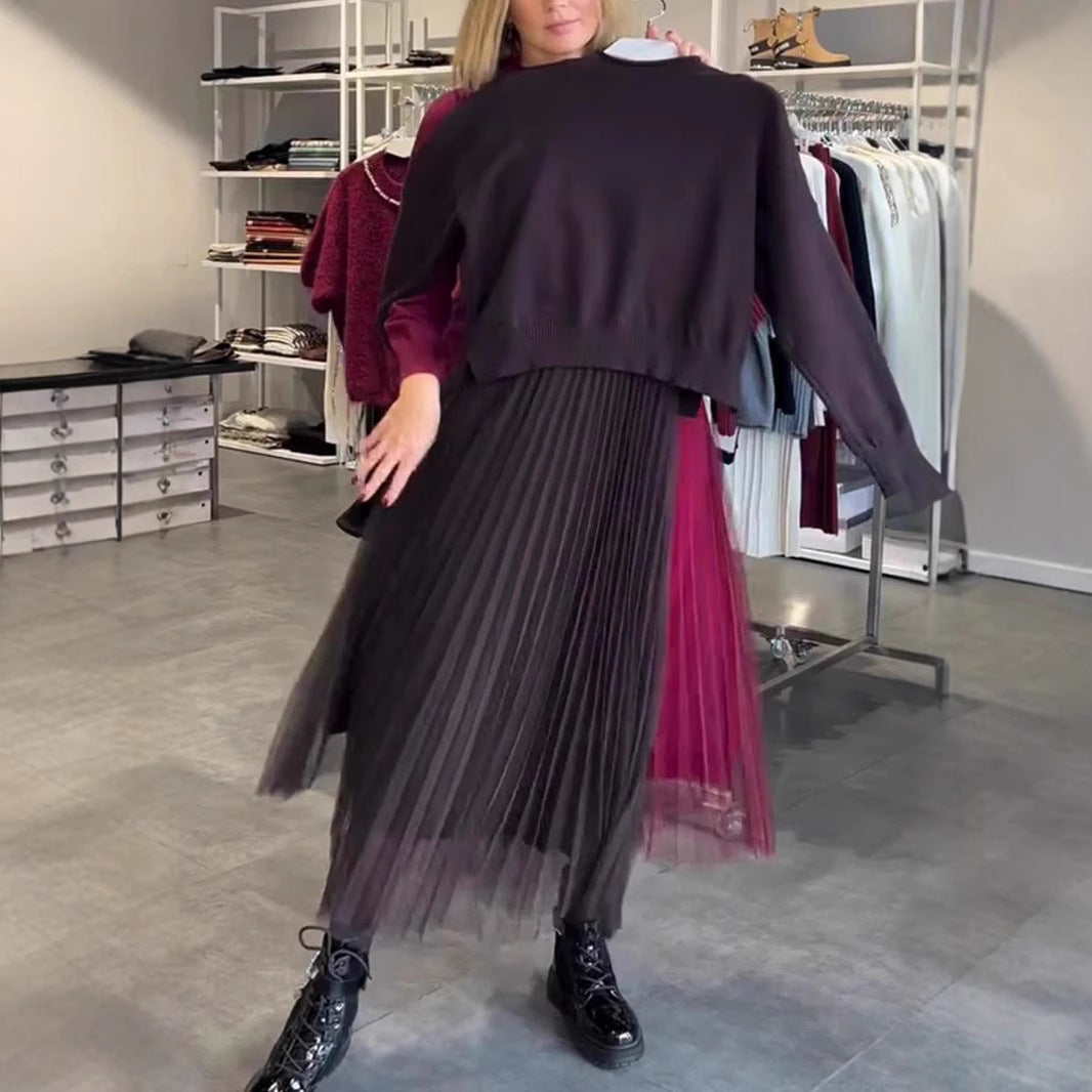 Dames Ensemble élégant jupe plissée et pull Chic und Stil