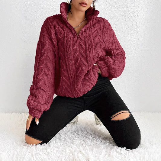 Dames Pull-over oversized pelucheux avec fermeture éclair et structure côtelée Chic und Stil