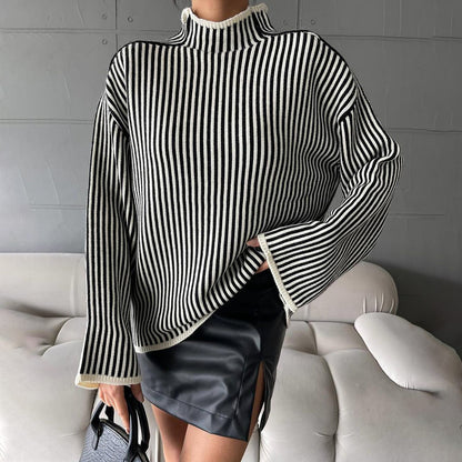 Pull en tricot pour dames avec un col montant décontracté et des rayures élégantes Chic und Stil