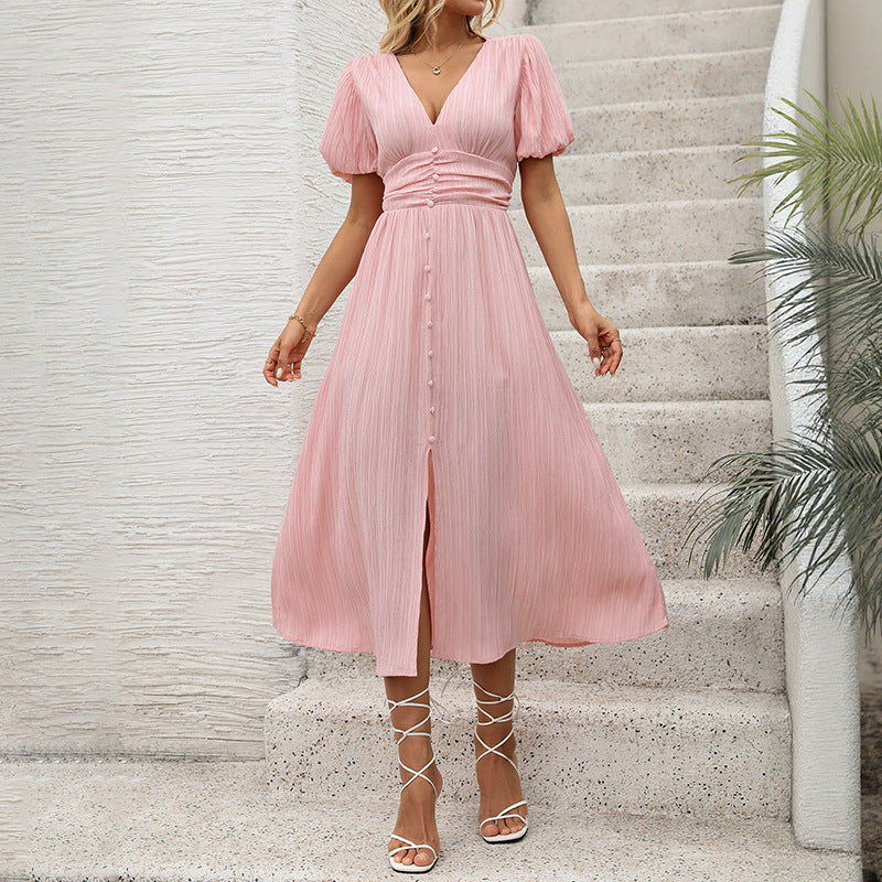 Robe maxi plissée à manches bouffantes avec fermeture à bouton pour femmes Chic und Stil