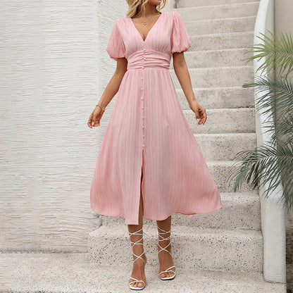 Robe maxi plissée à manches bouffantes avec fermeture à bouton pour femmes Chic und Stil
