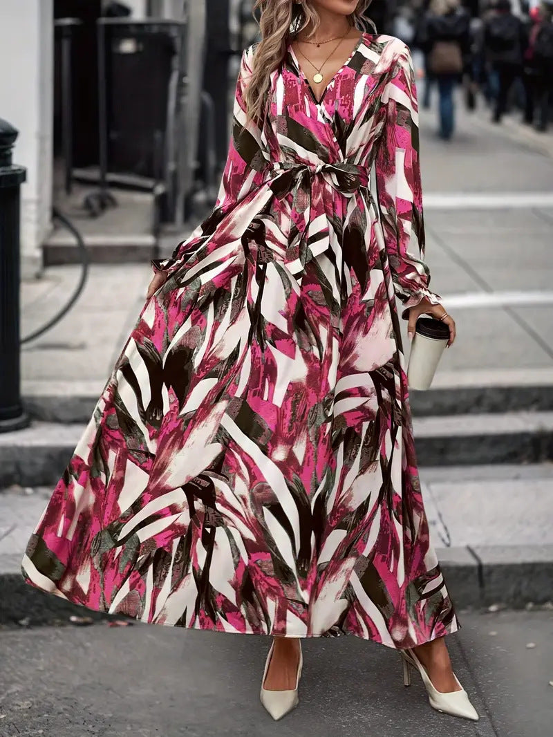 Dames Élégante Robe Maxi avec Imprimé Floral et Ceinture Chic und Stil
