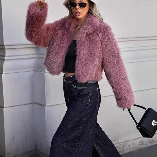 Ladies Short and Plush Faux Fur Jacket Chic and Style