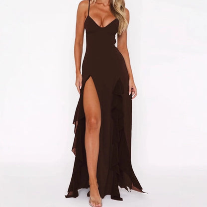 Dames Élégant Robe Maxi avec décolleté en V profond et fente latérale Chic und Stil