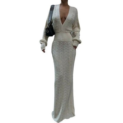 Robe maxi élégante en crochet pour femmes avec décolleté en V profond et design côtelé Chic und Stil