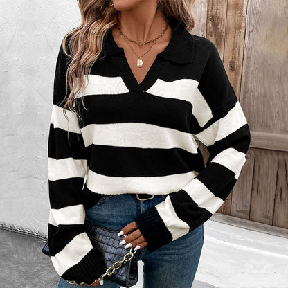 Pull femme rayé avec décolleté en V et manches courtes Chic und Stil