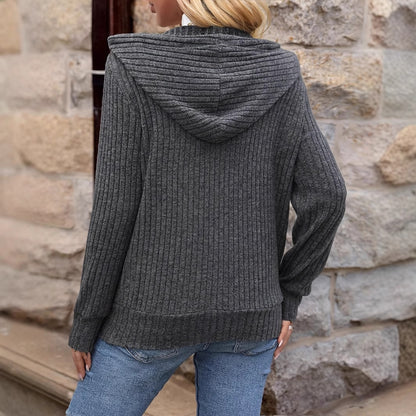 Ladies pullover and cozy knit with hood and ribbed structure Chic and Style