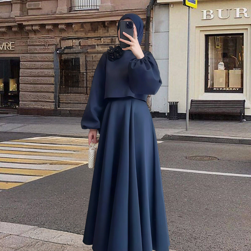 Dames Élégante Robe Maxi avec Manches Bouffantes et Détail Floral Décoratif Chic und Stil
