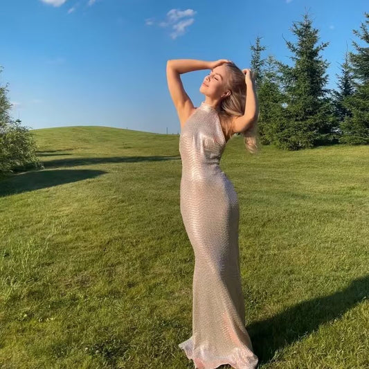 Robe de soirée pour dames avec un design en sequins scintillants et un élégant col halter Chic und Stil