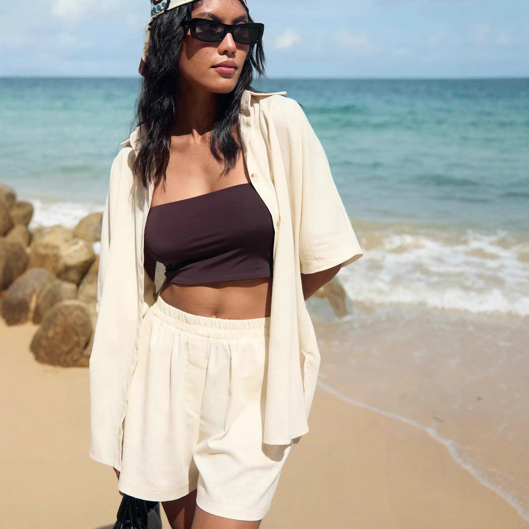 Women lightweight beach outfit with short sleeve blouse and shorts Chic and Style