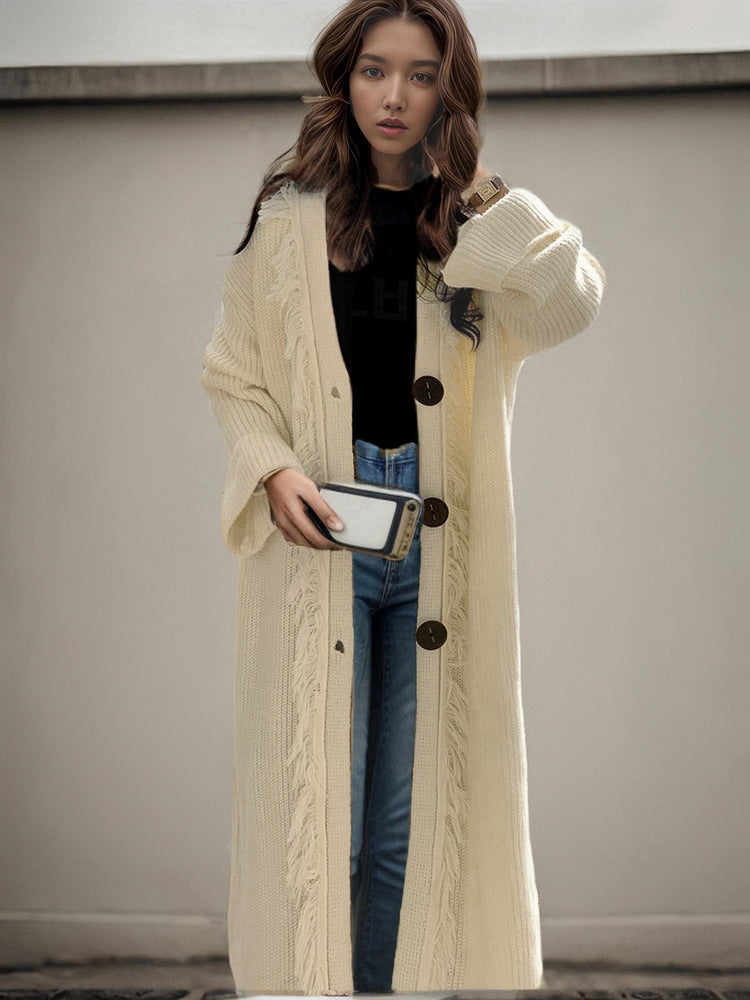 Dames gros cardigan en tricot avec des détails frangés et une coupe ouverte Chic und Stil