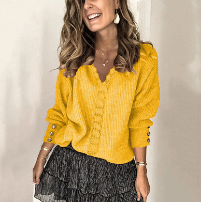Pull à mailles larges pour femmes avec décolleté en V et détails de boutons élégants Chic und Stil