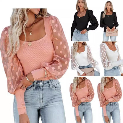 Dames Haut tendance avec des manches bouffantes transparentes Chic und Stil