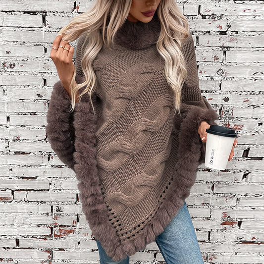 Dames pull-poncho douillet avec garniture en fausse fourrure douce et motif en torsades Chic und Stil