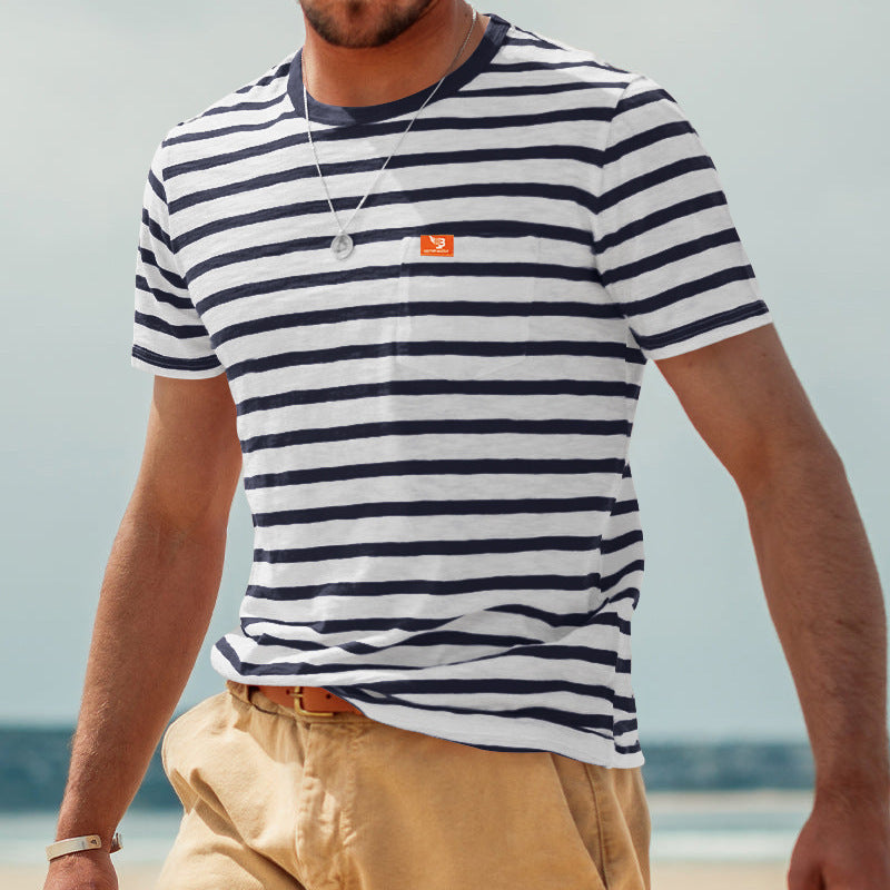 T-shirt à manches courtes rayé pour hommes avec poche poitrine et col rond Chic und Stil