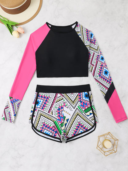 Maillot de bain long à manches pour femmes avec un motif aztèque créatif et un short à la mode Chic und Stil