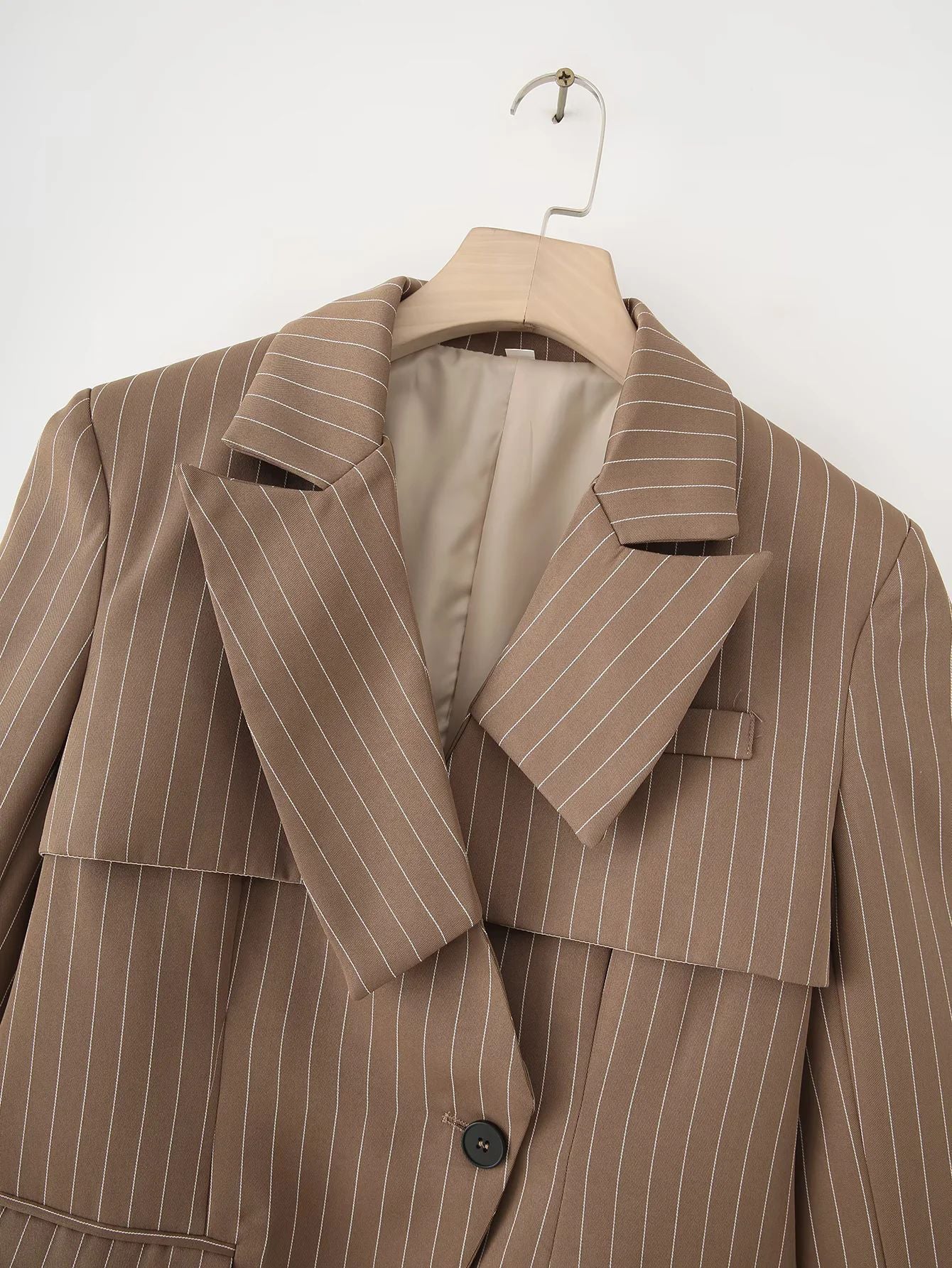 Fashion blazer jacket for women with asymmetrical collar and elegant fine stripes Chic and Style