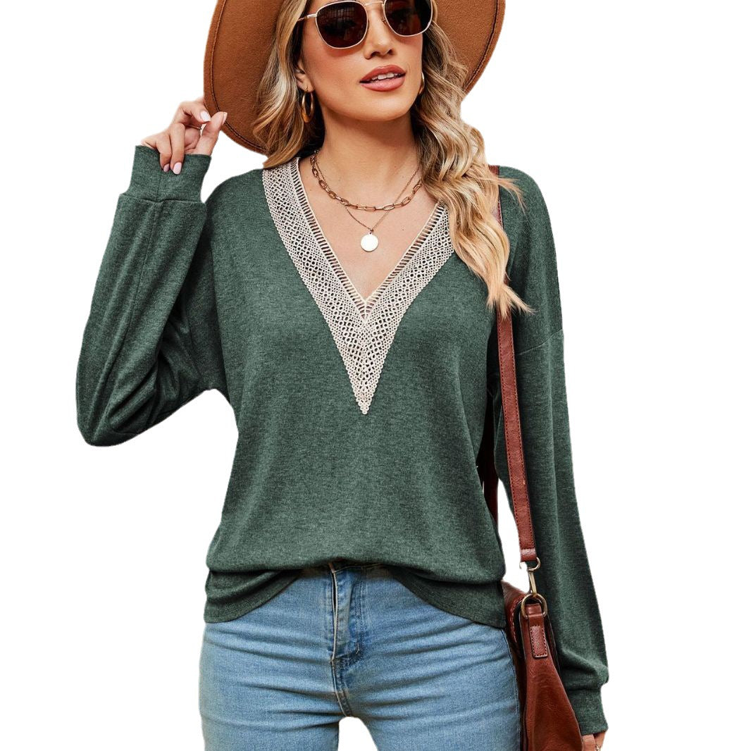 Pull femme à encolure en V avec accents en dentelle et coupe décontractée Chic und Stil