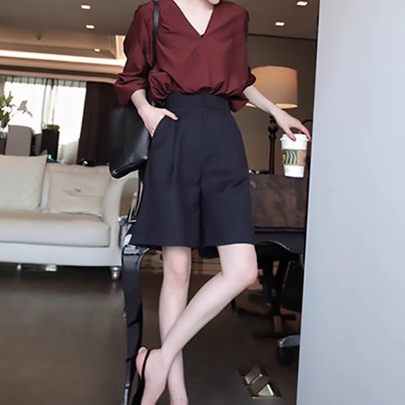 Blouse Élégante Femme à Col en V avec Manches Bouffantes Chic und Stil